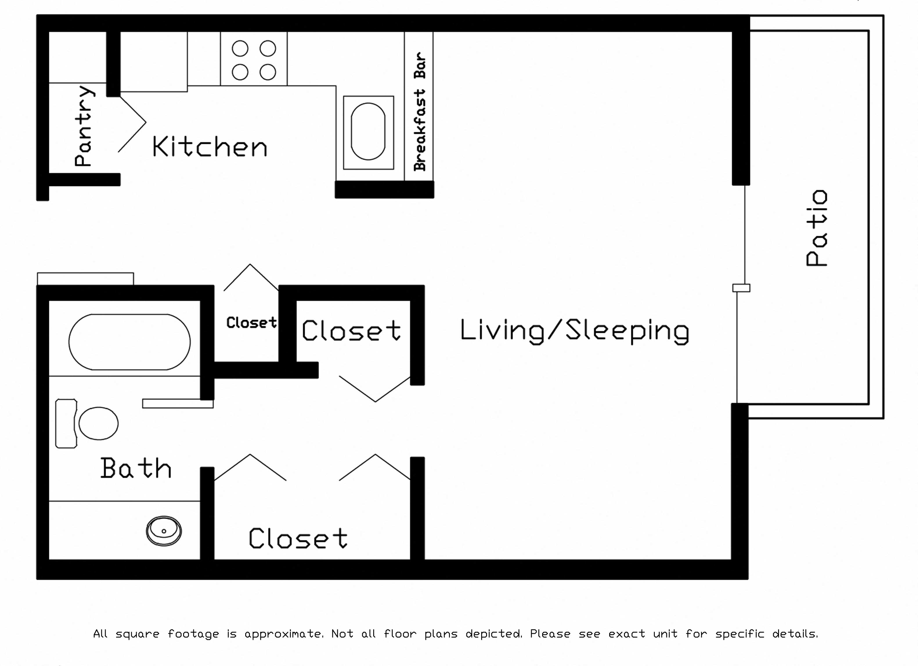 Floor plan for studio, 1 bath, 430 sqft